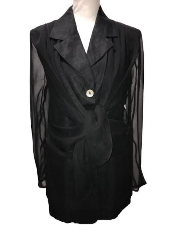 CALUGI E GIANNELLI Rare Doubled Black Jacket in Linen and Transparent Chiffon size 44 IT with inserts #madeinitaly #avantgarde #minimalism