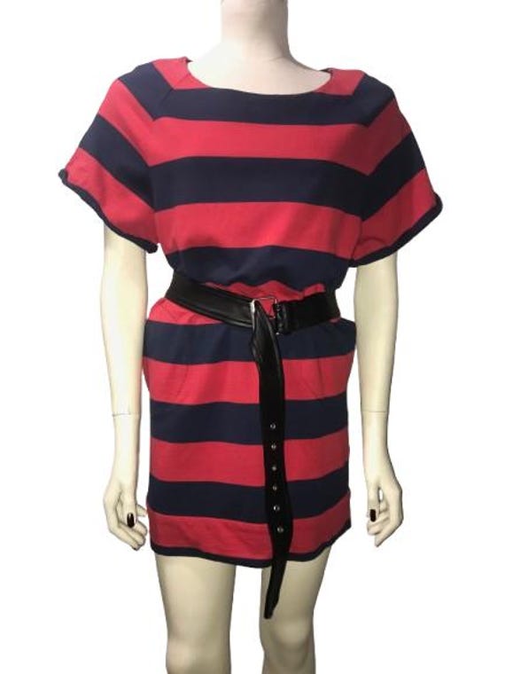 ALEXANDER McQUEEN Vintage Rare Cotton mini Dress, red and blue stripes, with 2 pockets surronded in circle stiches #alexandermcqueen