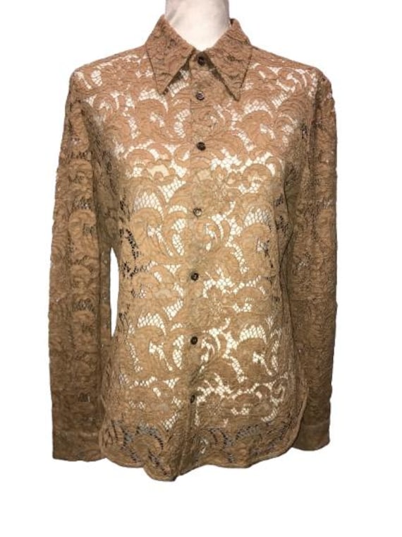 PRADA Camel Beige Lace Buttons Up Shirt Size 40 ITA (Small) #prada #lace #beige #rare
