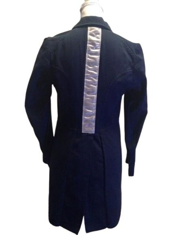 COMME Des GARCONS Blue cotton jacket, size S, longer on the back as the "Tight" men's jacket, with reflective PVC backside stripe.