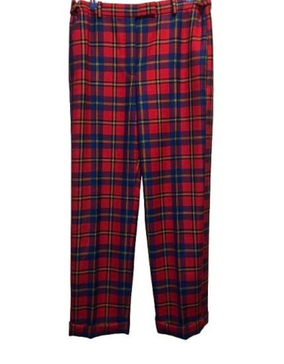 VERSACE Tartan Pure Wool Trousers in red, blue, black, yellow tones. #versace #women #tartan #trousers