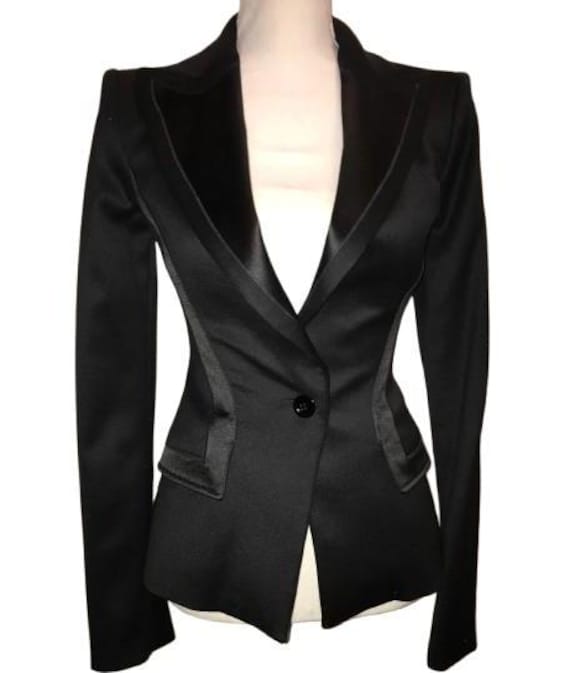 ANTONIO BERARDI Black Wool and Satin tiny Jacket, size 40 ITA, satin lapels, buttonholes. one button two pockets