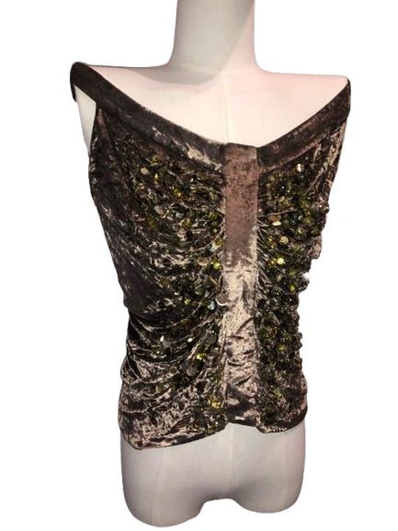 JOHN GALLIANO Embellished Draped Top in Bronze Taupe Color in Elastic Velvet with Multi types of Sequins Hand Made Embroydery size M