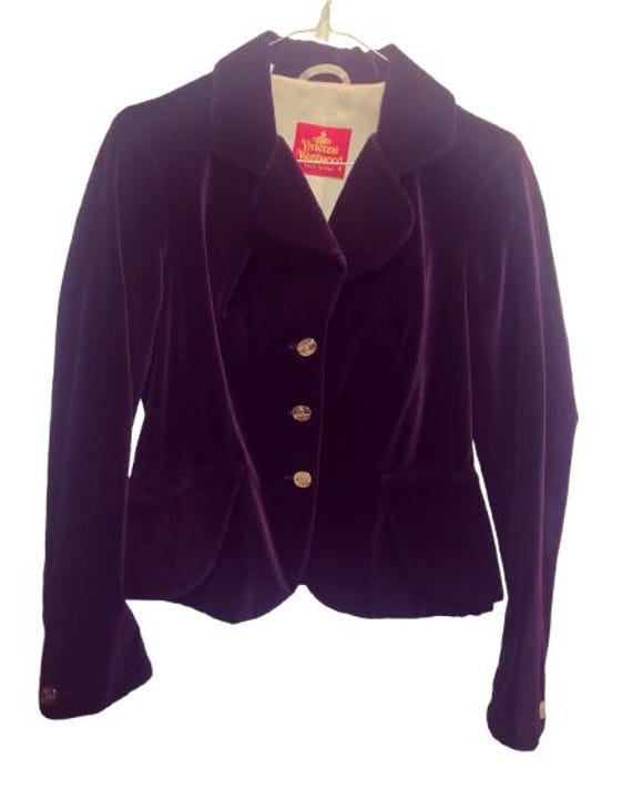 VIVIENNE WESTWOOD Rare Purple Velvet 90's "Bettina" Jacket with Golden Logoed Buttons, size 44 ita Red Label #viviennewestwood #rare #90's