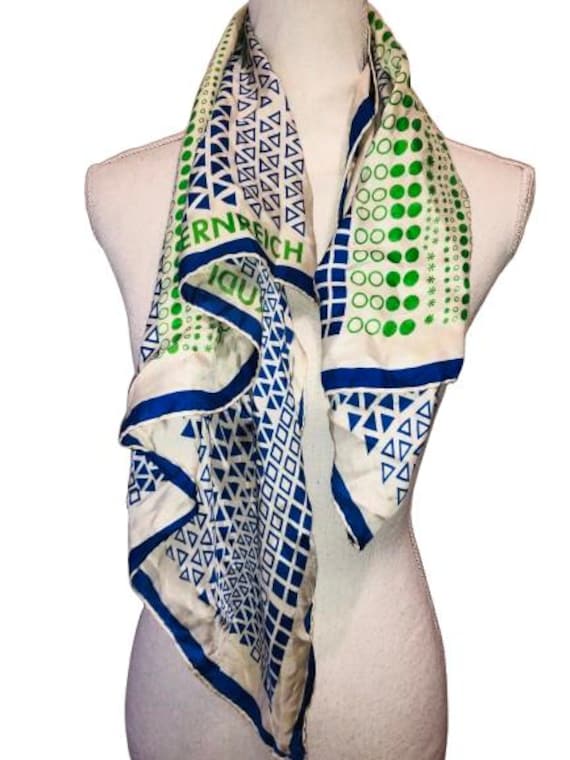 RUDI GERNREICH 70S Printed Silk Scarf in ecru blue and green Colors #rare #vintage #geometric #avantgarde #scarf #silk