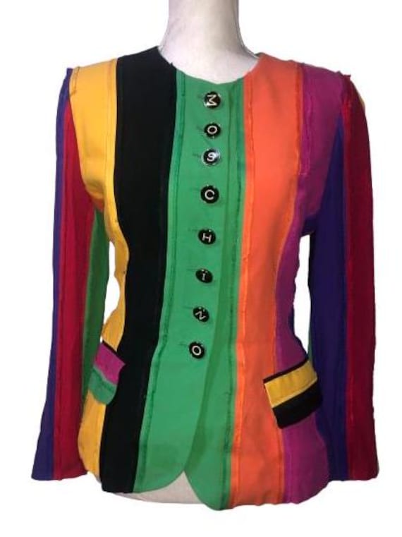 MOSCHINO COUTURE 1993 Inside Out Multicolor Stripes with Spell Out Logo Buttons Size 42 ITA - M #Rare #Vintage #1993 #Moschino #FranDrescher