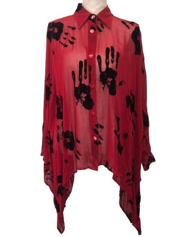 JEAN PAUL GAULTIER 1991 Extra Wide Red Chiffon Shirt with Devore' Black Velvet "Hands" Prints Size L #jeanpaulgaultier #rare #avantgarde