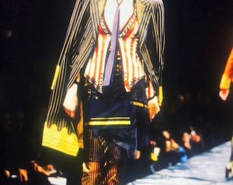 JEAN PAUL GAULTIER Femme rare 1997 pareo, in striped and arabesque logo printed fabric, black and mustard yellow one size