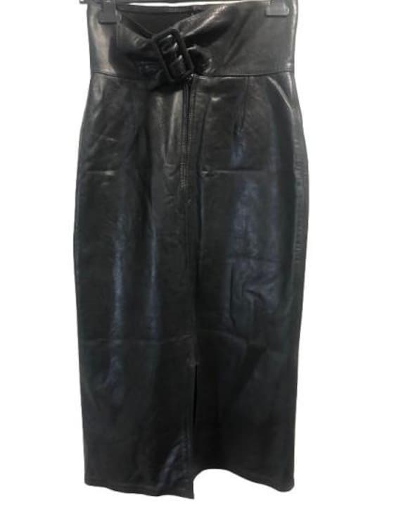 PIERO PANCHETTI Italian Avant - Garde Designer Black Leather Longuette Skirt with Ribbon Belt, Zip and Slit Size ITA 42 M #pieropanchetti