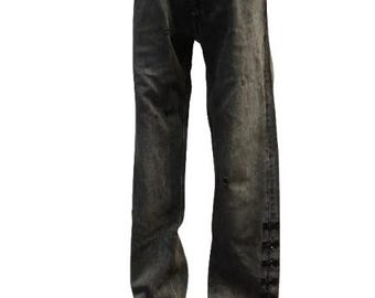 OLIVIER THEYSKENS Iconic Collection F/W 1999 Distressed Embellished with Black Hooks Cut Out Opened Ankle Denim Trousers Size 40 FR