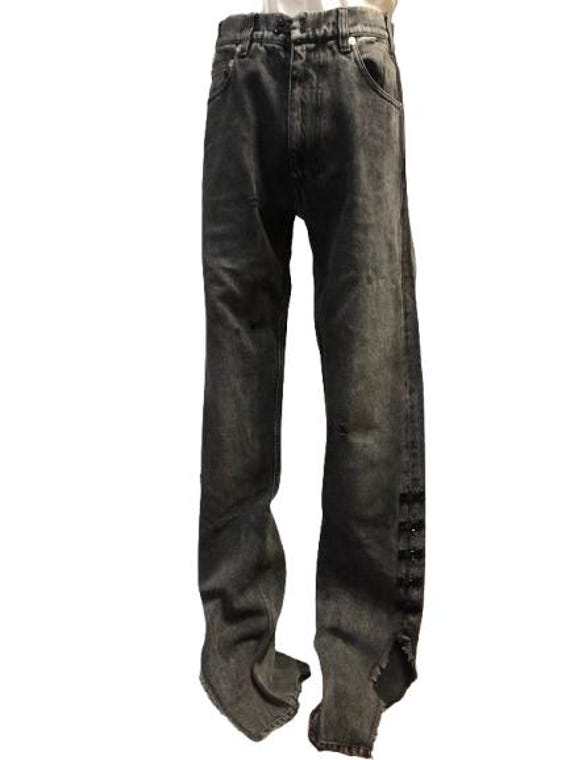 OLIVIER THEYSKENS Iconic Collection F/W 1999 Distressed Embellished with Black Hooks Cut Out Opened Ankle Denim Trousers Size 40 FR