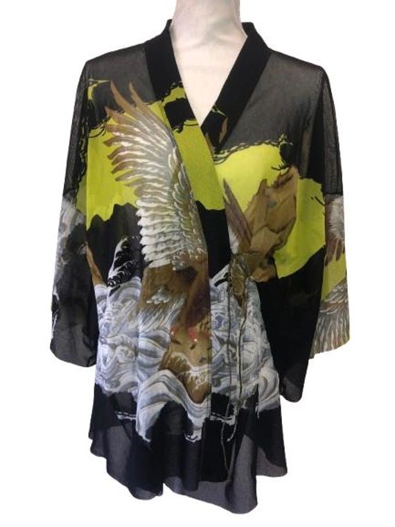 JEAN PAUL GAULTIER Soleil Rare Kimono in Stretchy Printed Mesh with Golden Eagle Iconic Print recently worn by K. Jenner Size M