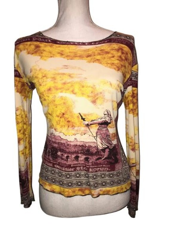 JEAN PAUL GAULTIER Rare 1994 Banknote Print Tattoo Top, wide neckline live cut with stitches, in pure viscose size 42