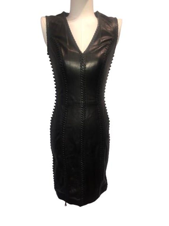 ALEXANDER McQUEEN Embroidered Black Buttery Leather Midi Dress Size XS #AlexanderMcQueen #Leather #Black #Embellished #38Ita #Rare #Vintage