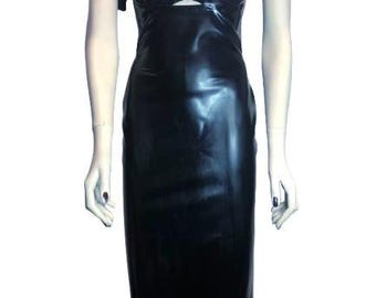 VERSACE Stunning Black Latex Shaped Bodycon Dress with Golden Medusa Logo Adjustable Straps Size 40 Ita #Versace #rubber #latex #black