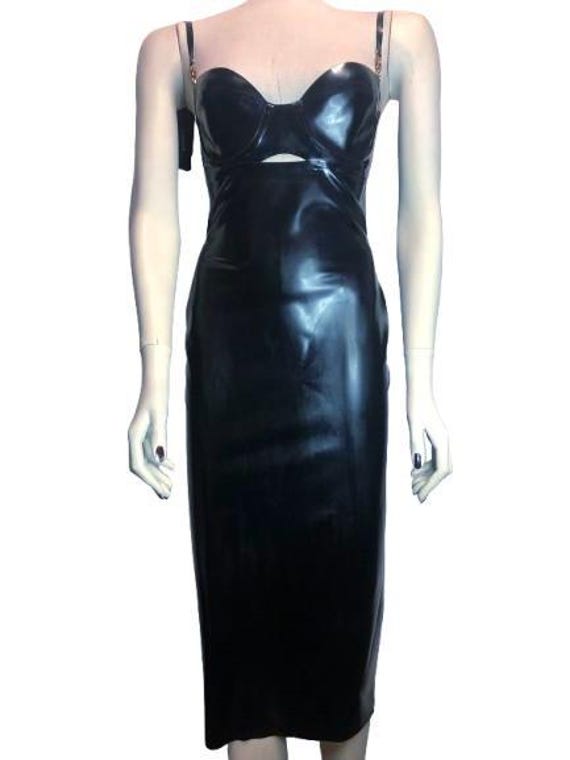 VERSACE Stunning Black Latex Shaped Bodycon Dress with Golden Medusa Logo Adjustable Straps Size 40 Ita #Versace #rubber #latex #black