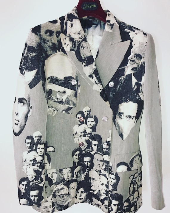 JEAN PAUL GAULTIER F/W 1992-93 Fanatics of Photography Black and White Print Faces Gray Jacket Size 46 Ita #Vintage #rare #peteburns