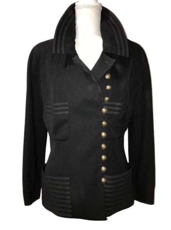 CHANEL BOUTIQUE Paris by K. Lagerfeld 90's Black Wool Jacket embroidered with Gros-Grain Stripes, Golded Logo Buttons #chanel #boutique
