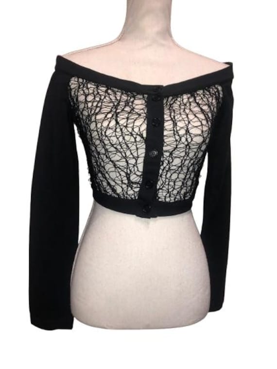 ROMEO GIGLI 1990 Black Embellished Buttons Up Crop Top with Spider mesh, size 42 Ita #rare #vintage #romeogigli