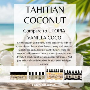 May include: The image features the text "TAHITIAN COCONUT" and "VANILLA COCO". The text is set against a backdrop of a beach scene with palm leaves and white flowers. Several rows of product bottles are displayed at the bottom.