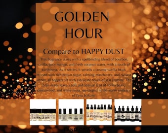 HORA DORADA - Aceite perfumado, spray corporal, aceite corporal, aroma gourmand de vainilla Bourbon, mango, agua de coco, jazmín estrellado, haba tonka, polvo feliz y almizcle.