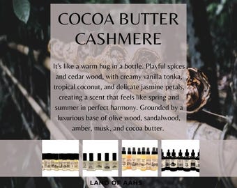 MANTECA DE CACAO Y CACHEMIRA - Aceite perfumado, spray corporal, aceite corporal, aroma a madera de cedro, especias, vainilla, haba tonka, coco, jazmín, sándalo, ámbar y almizcle
