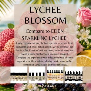 May include: An advertisement for "Lychee Blossom" fragrance. The image features lychees, a pink rose, and a lemon. The text describes the scent's notes, including lychee, black currant, and vanilla. Several perfume bottles are displayed at the bottom.