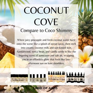 K&ouml;nnte beinhalten: Werbung f&uuml;r "Coconut Cove" Duftprodukte. Das Bild zeigt eine Kokosnuss, eine Ananas und eine wei&szlig;e Blume. Der Text beschreibt den Duft als eine Mischung aus Ananas, Kokosnuss, Sandelholz und Vanille.