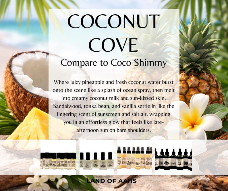K&ouml;nnte beinhalten: Werbung f&uuml;r "Coconut Cove" Duftprodukte. Das Bild zeigt eine Kokosnuss, eine Ananas und eine wei&szlig;e Blume. Der Text beschreibt den Duft als eine Mischung aus Ananas, Kokosnuss, Sandelholz und Vanille.