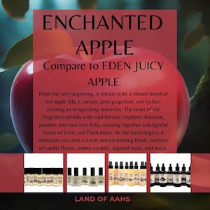 May include: An advertisement for "Enchanted Apple" fragrance, with a large red apple graphic. Text includes fragrance notes and the phrase "Compare to EDEN JUICY APPLE." Various product bottles are shown at the bottom of the image.