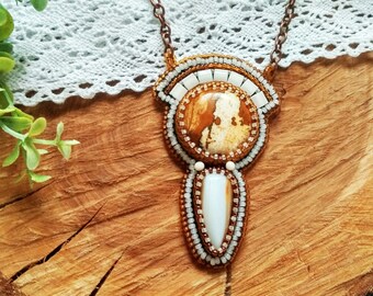 White brown pendant Beadwork stone jewelry Boho style gift Natural jasper pendant Beige brown gemstone Brown seed beads Landscape jasper