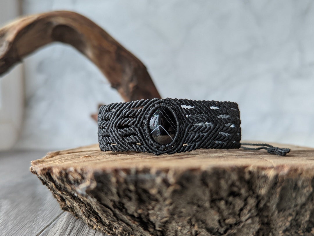 Black Men Bracelet Women Bracelet Black Agate Gemstone Macrame Etsy