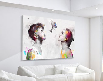 Peinture moderne sur toile « She,He&Bird » pour la chambre et le salon