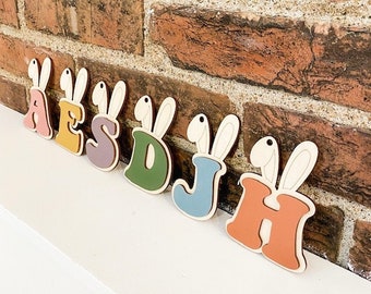 Birch Wood Bunny Ear Easter Basket Tag: Custom Name Decor