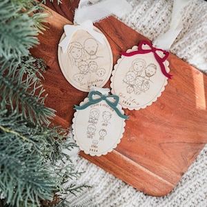 Custom Family Portrait Ornament: Handmade Birch Wood Keepsake