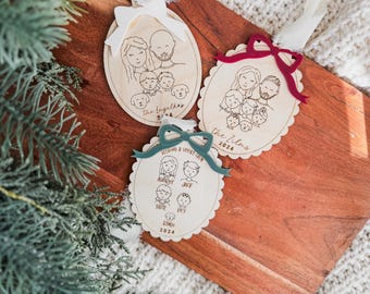 Custom Family Portrait Ornament: Handmade Birch Wood Keepsake