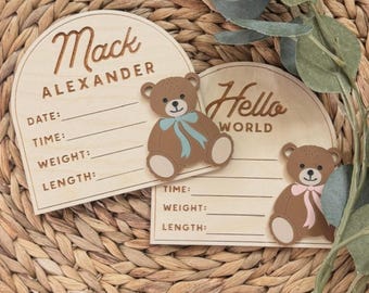 anpassad babynamnskylt graverad babymeddelandeskylt nallebjörn barnrumsdekor babyfödelsestatistikskylt personlig babypresent babyshowerpresent