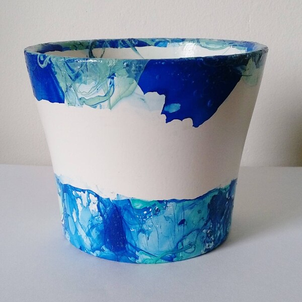 Blue and green dip dyed/marbled plant pot (indoor) 9 x 11 cm/ 3.5" x 4.5"