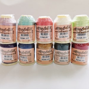 SET MED 10/20g Altınbaşak Oya virkgarn Polyester nylontråd Broderi broderat turkiskt märke Altin basak Syspolar Nål spets