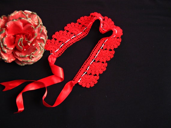 RED Turkish oya crochet necklace Headband Hairban… - image 3