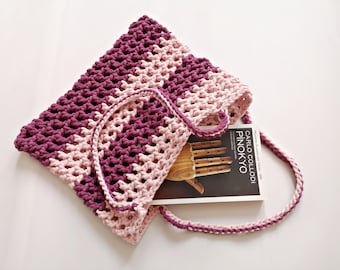 Soft color mesh bag Basic crochet purse Rectangle daily pouch Sports bags Fashion viral unique Crocheted Net bag Women men Friends Plum Pink