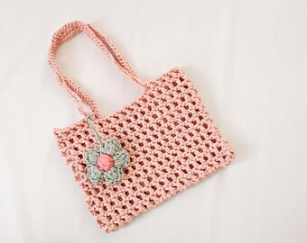 Powder Pink Mesh t-shirt yarn bag Basic crochet purse Rectangle pouch Flowers floral daisy daily sports fashion viral unique Crocheted Large