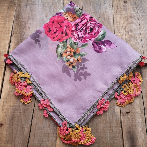 Turkish oya crochet scarf Square ethnic tribal authentic anatolian traditional scarves Floral flowers stole Boho bohemian shawl Rose roses