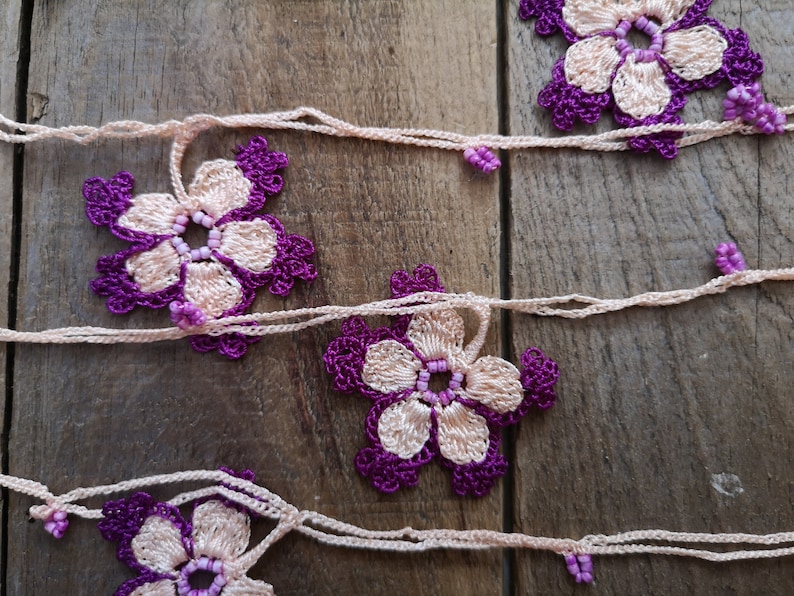 Turkish oya crochet necklace Beaded beadwork seed beads Floral flowers jewelry Lariat long Boho bohemian unique needle lace Women daisy belt