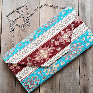 Türkis Clutch Abend Geldbörse Türkisch Kelim Teppich Tasche Anatolischer authentischer Beutel Traditionelles ethnisches Stammes Boho boho Taschengeschenk