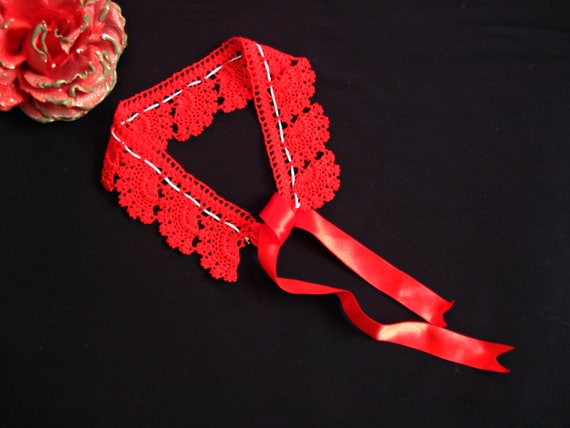 RED Turkish oya crochet necklace Headband Hairban… - image 1