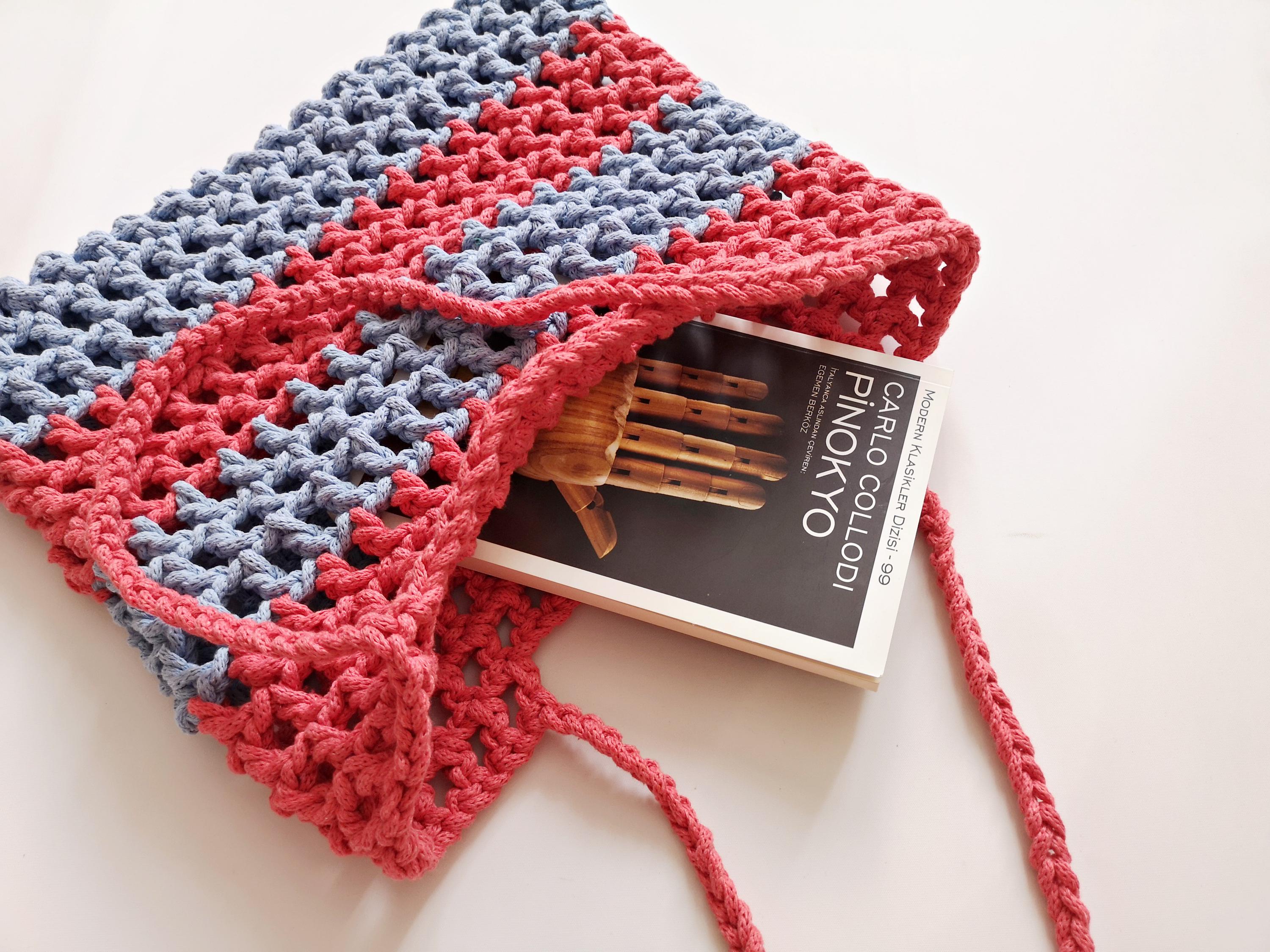 Soft color mesh bag Basic crochet purse Rectangle daily pouch Sports bags Fashion viral unique Crocheted Net bag Women Friends Coral Blue