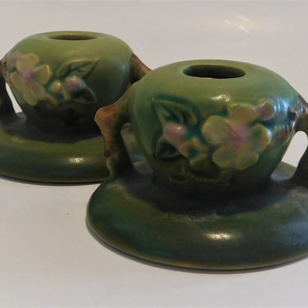 Roseville Pottery Green Apple Blossom Candle Holders 351