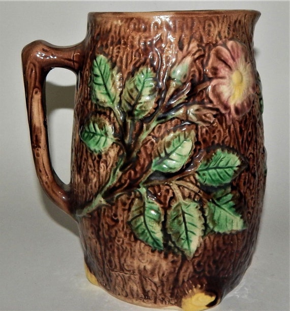 Antique Majolica Pitcher: Wild Pink Rose, Brown Tree Bark, 1880s