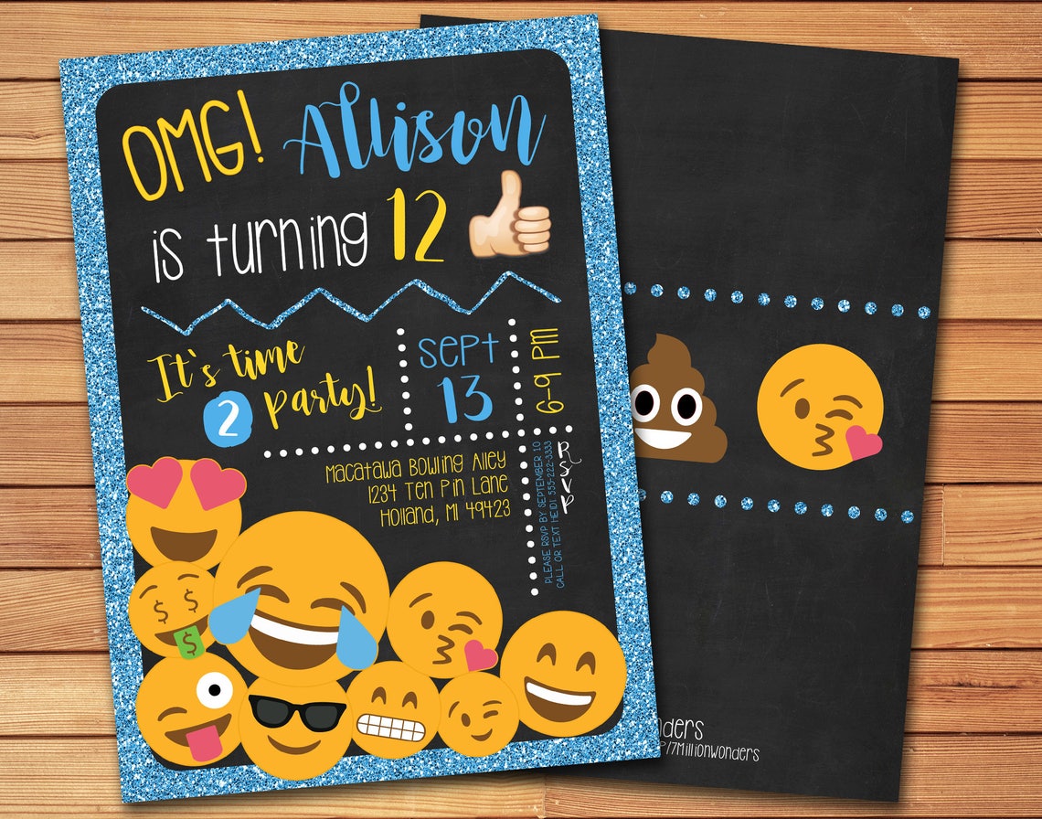 Emoji Poop Glitter Blue Invitation Birthday Invite Chalkboard ...